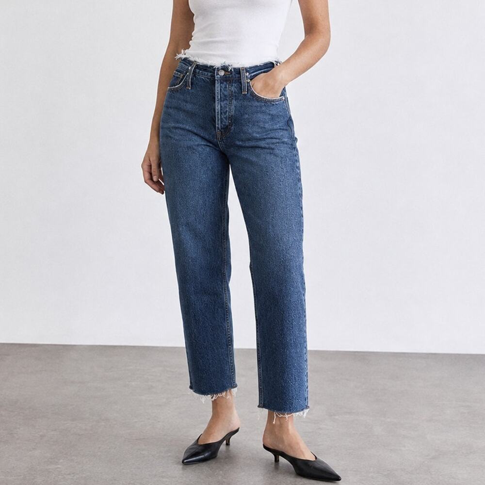 Anine Bing Blue Gavin 1999 Raw Waist Straight Mid Indigo Ankle Jeans, size 28